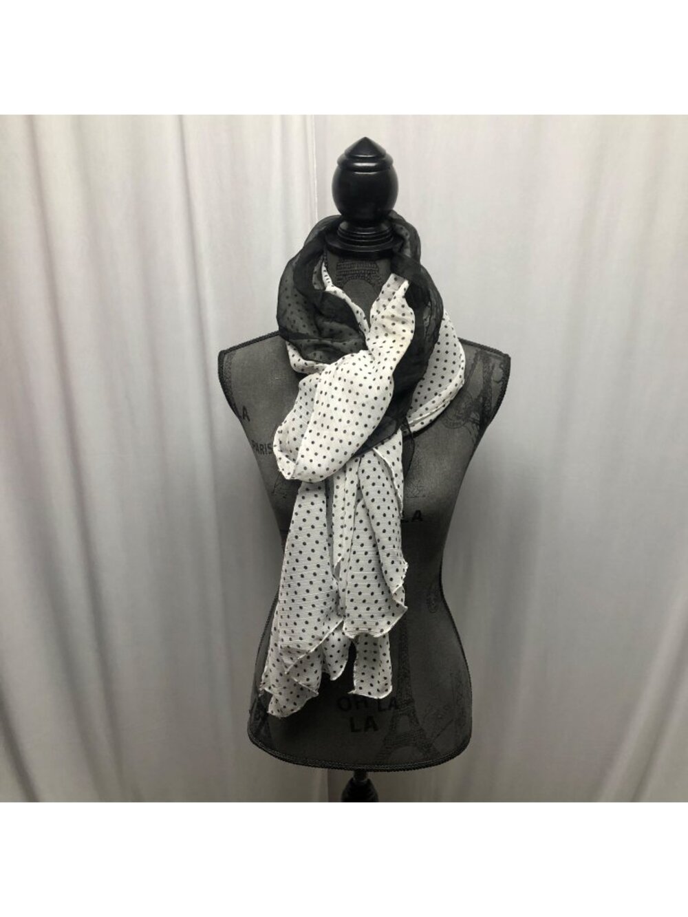 Dual Black White Polka Dot Sheer Lightweight Scarf 12x103in